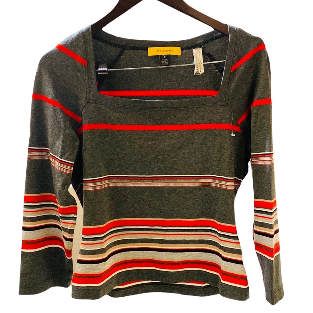 NWOT St. John Women’s Top Blouse Striped Size Medium Grey Red White and Black